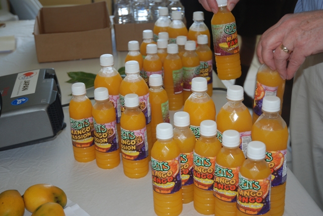 A variety of mango-based juices on display at the Ministry of Agriculture’s conference room at Prospect during the closing ceremony for a recent Mango Value Addition Training Workshop at the Agro Processing Unit on Nevis facilitated by the Inter-American Institute for Cooperation on Agriculture and the Departments of Agriculture on St. Kitts and Nevis